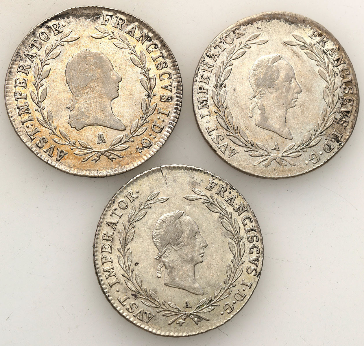 Austria, Franciszek II. 20 krajcarów 1815, 1827, 1828 A, Wiedeń, zestaw 3 monet